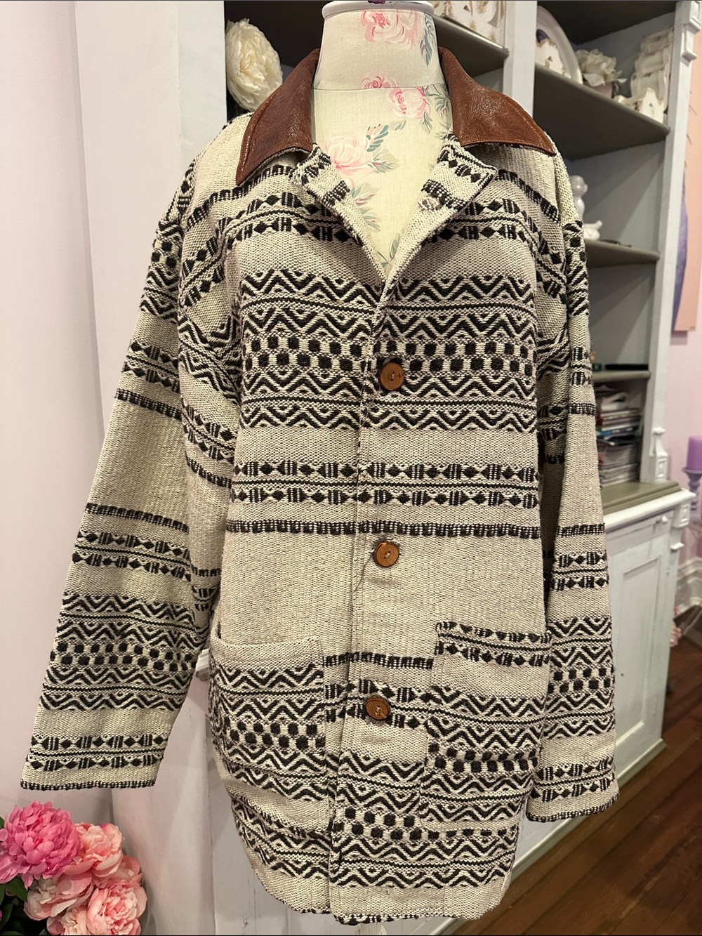 B. FREE Vintage Rugged Cream & Black Patterned Coat with Brown Leather Collar